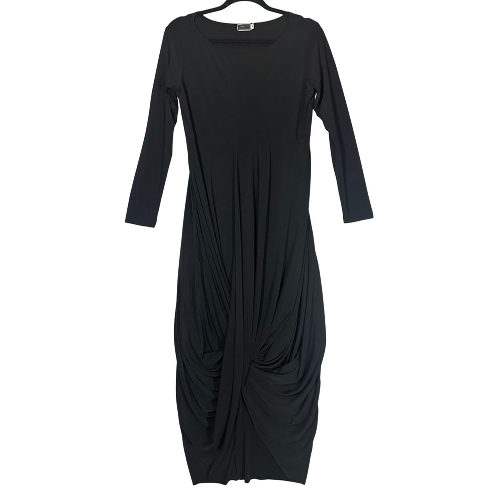 Sympli Swag Midi Dress Sz 10 Black Stretch Jersey Drape Tulip Pleated Scoop Neck